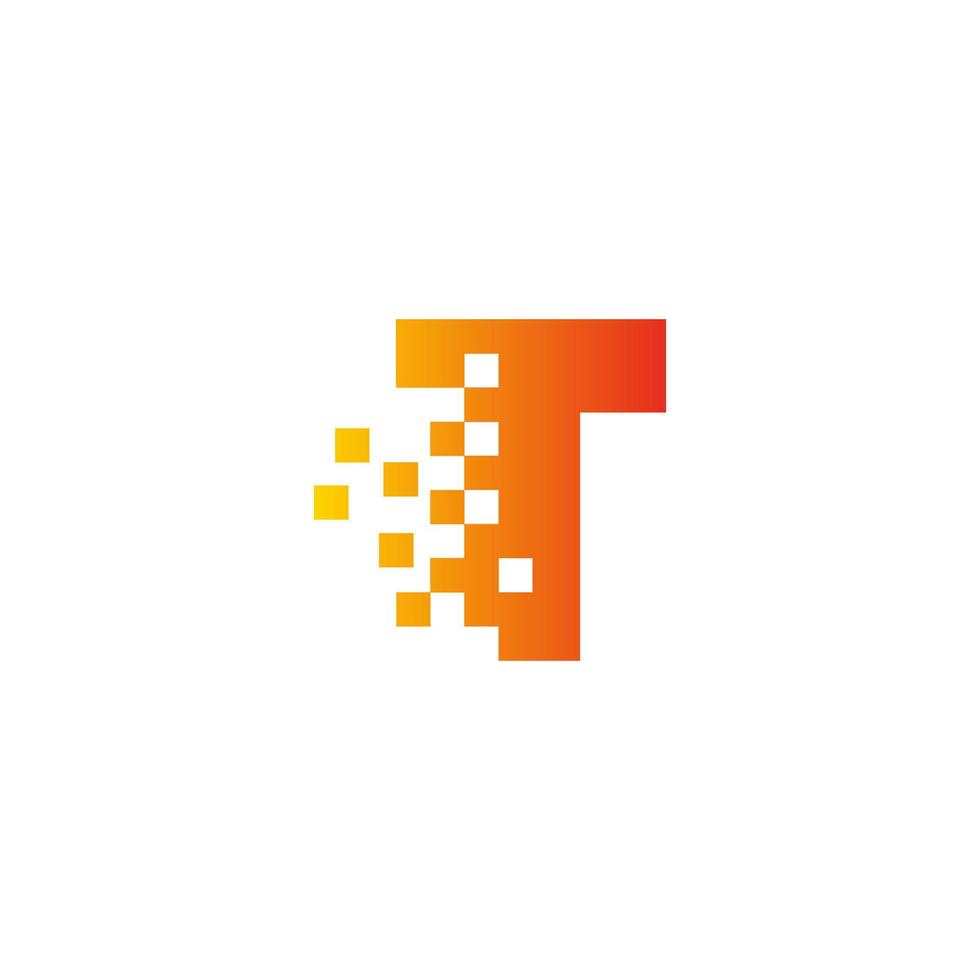 Colorful letter T fast pixel dot logo. Creative scattered technology icon. vector