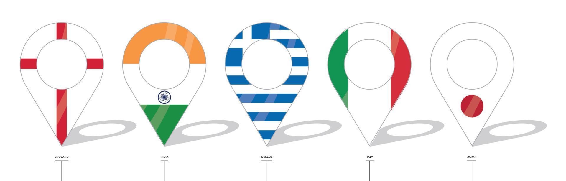 señal de ubicación de la bandera del país. iconos de la bandera de inglaterra, india, grecia, italia, japón. vector