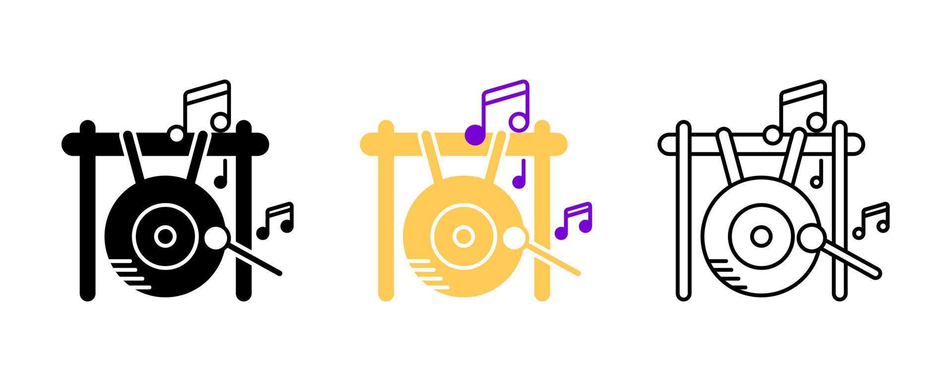 gran gong y conjunto de iconos de notas musicales. ícono de entretenimiento y música. conjunto de instrumentos de percusión. conjunto de filas editable. silueta, color, conjunto de iconos lineales. vector