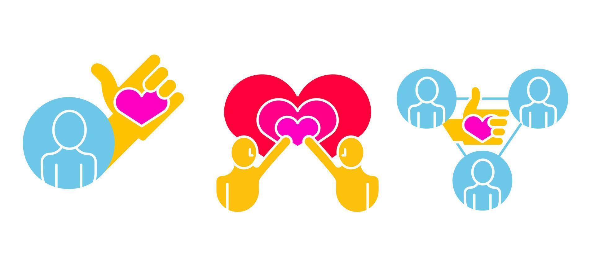 Heart in the middle of people, holding heart and love symbol. Growing heart and special day icon. Editable row set. Colorful icon set. Logo-web, icon design. vector