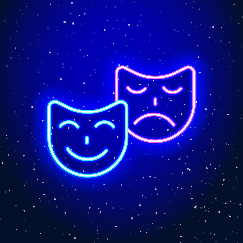 Neon light theater facial expression design. Linear smiley-crying design. Neon theater faces in space. Unique and realistic neon icon. Linear icon on blue background. vector