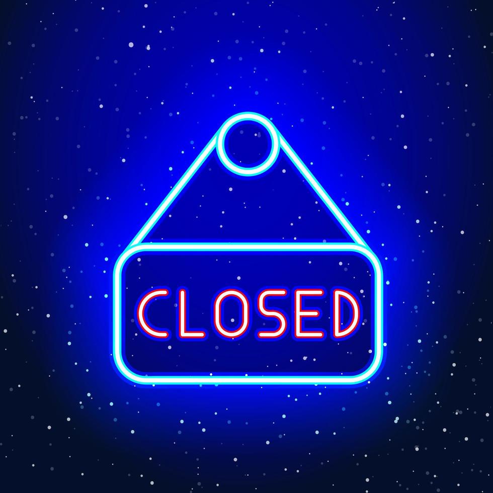 Closed text signage icon design with neon blue hanger. Closed shop and signage. Rope hanging signboard sign. Unique and realistic neon icon. Linear icon on blue background. vector
