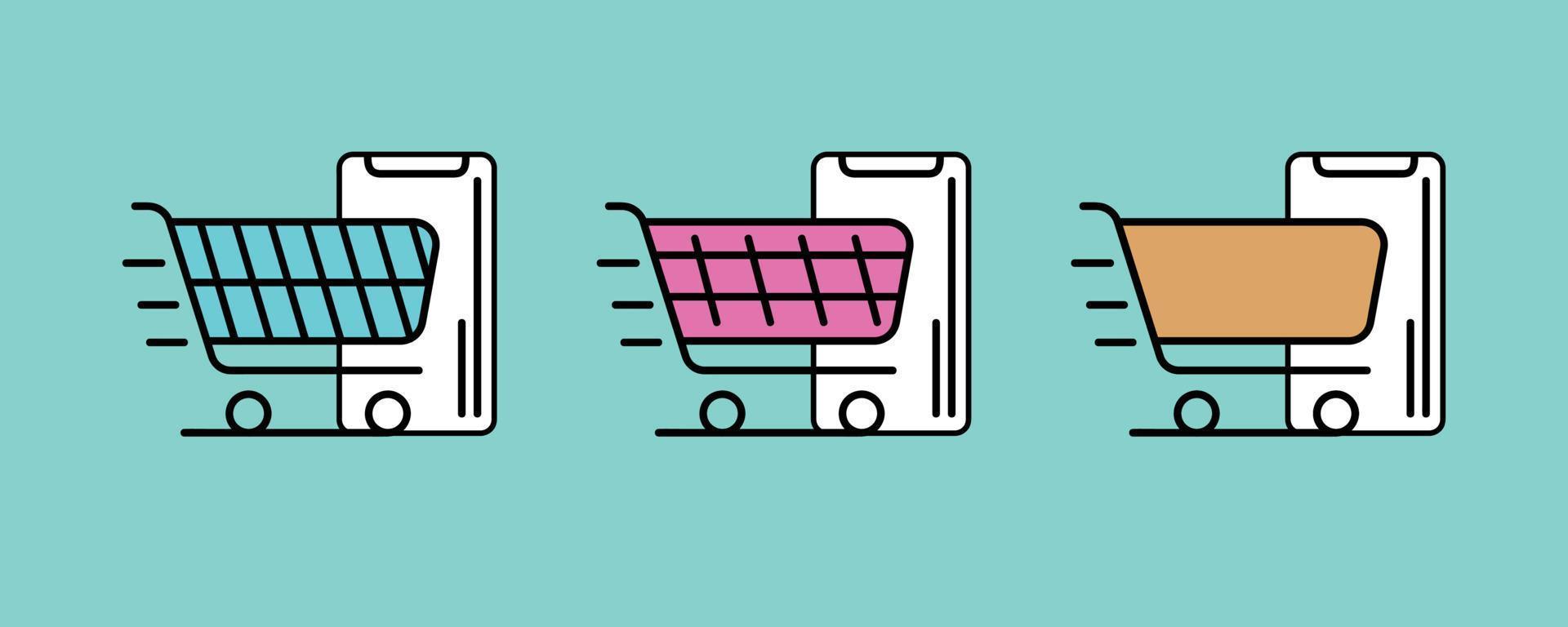 Shopping cart phone app with store icons in 3 different colors and design. vector