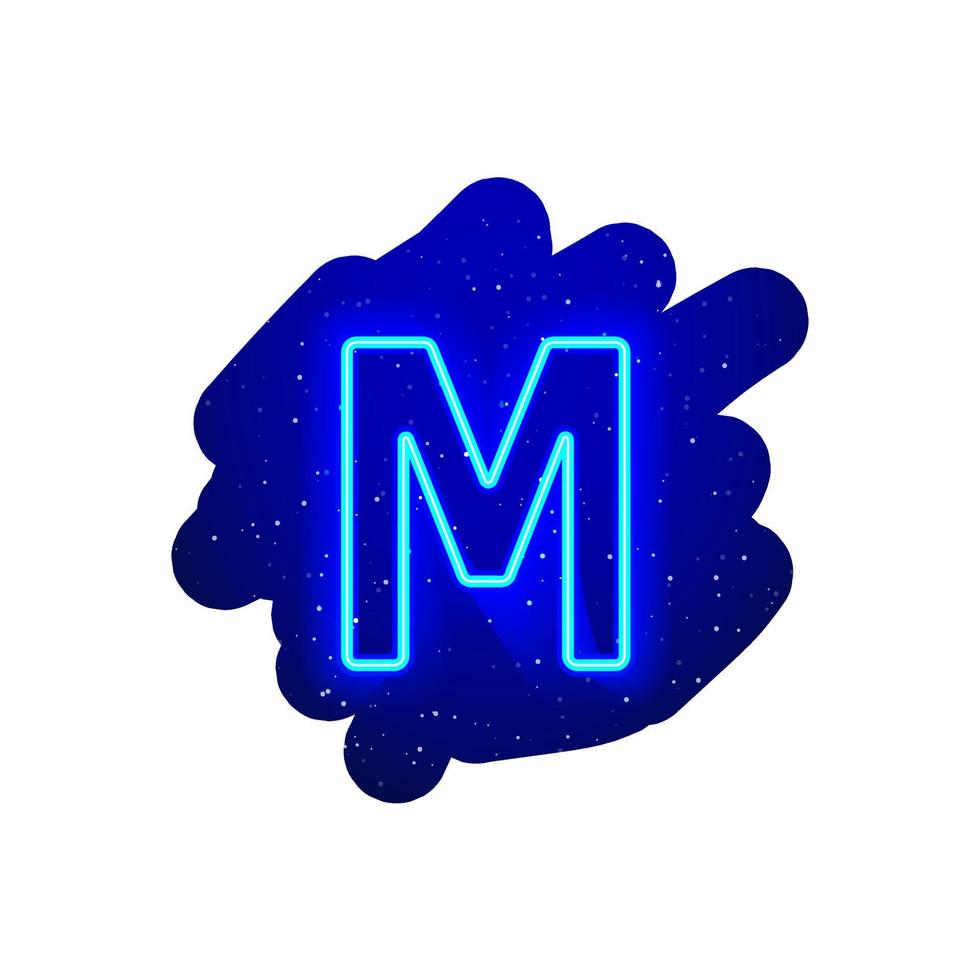 LED blue glow neon font. Realistic neon explosion. Letter M Alphabet of night show among the stars. Vector illustration uppercase font. 3d Render Isolated On White Background.