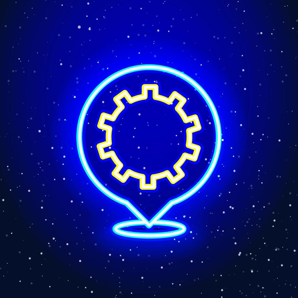 Cogwheel location sign design with space neon. Spot futuristic gear location design. Galaxy service sign. Unique and realistic neon icon. Linear icon on blue background. vector