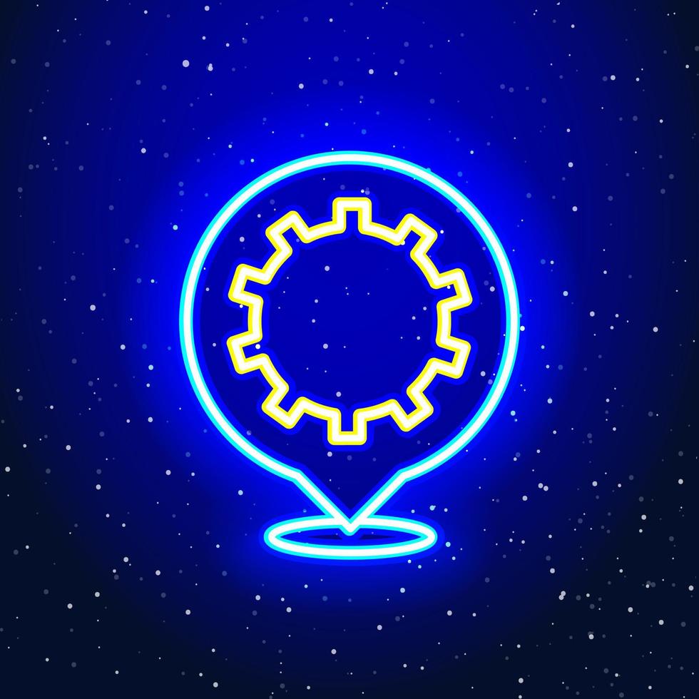 diseño de letrero de ubicación de rueda dentada con neón espacial. detectar el diseño de ubicación de engranajes futuristas. signo de servicio de galaxias. icono de neón único y realista. icono lineal sobre fondo azul. vector