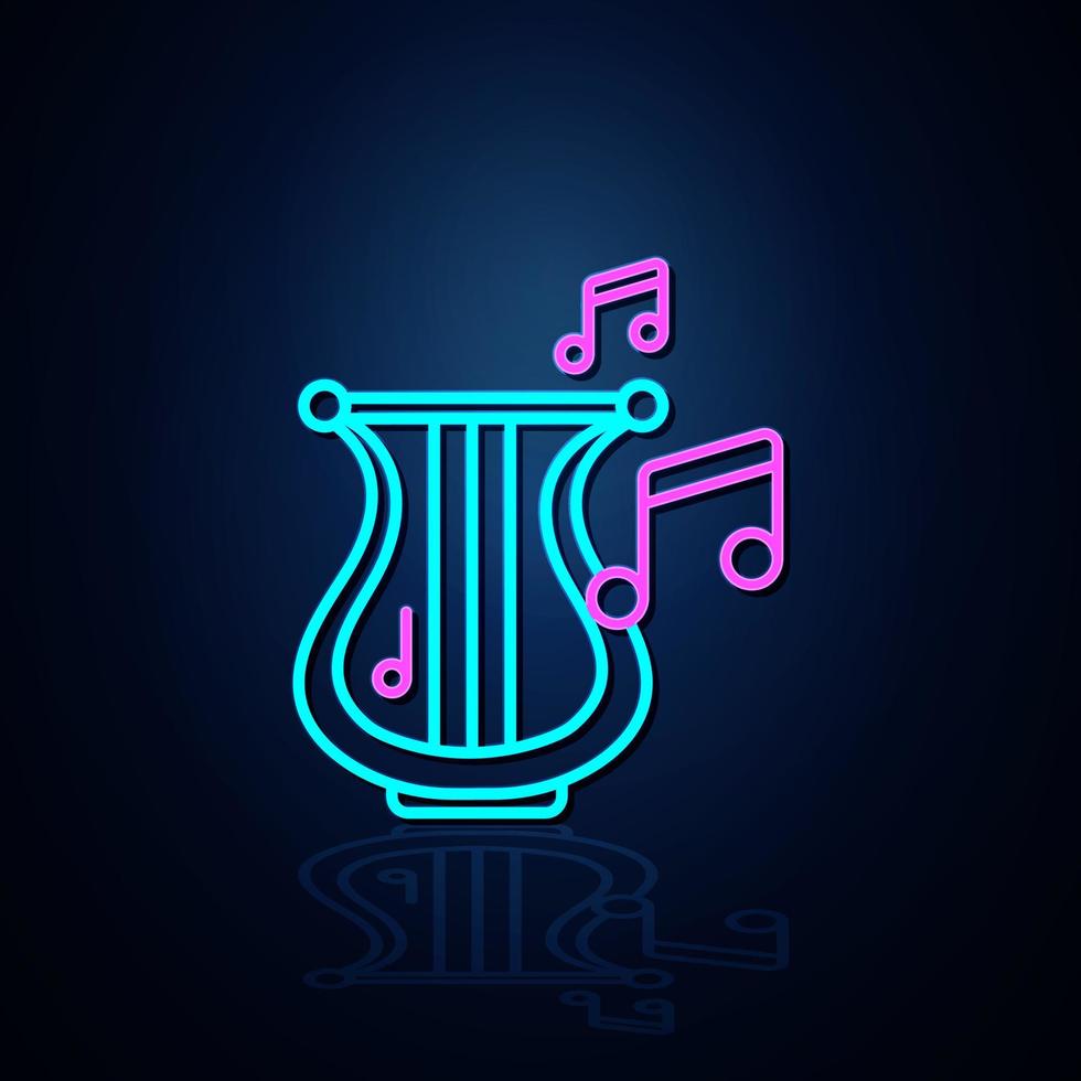 instrumento de arpa de neón e icono de nota encendidos. icono de línea de neón. ícono de entretenimiento y música de karaoke. icono de neón. vector