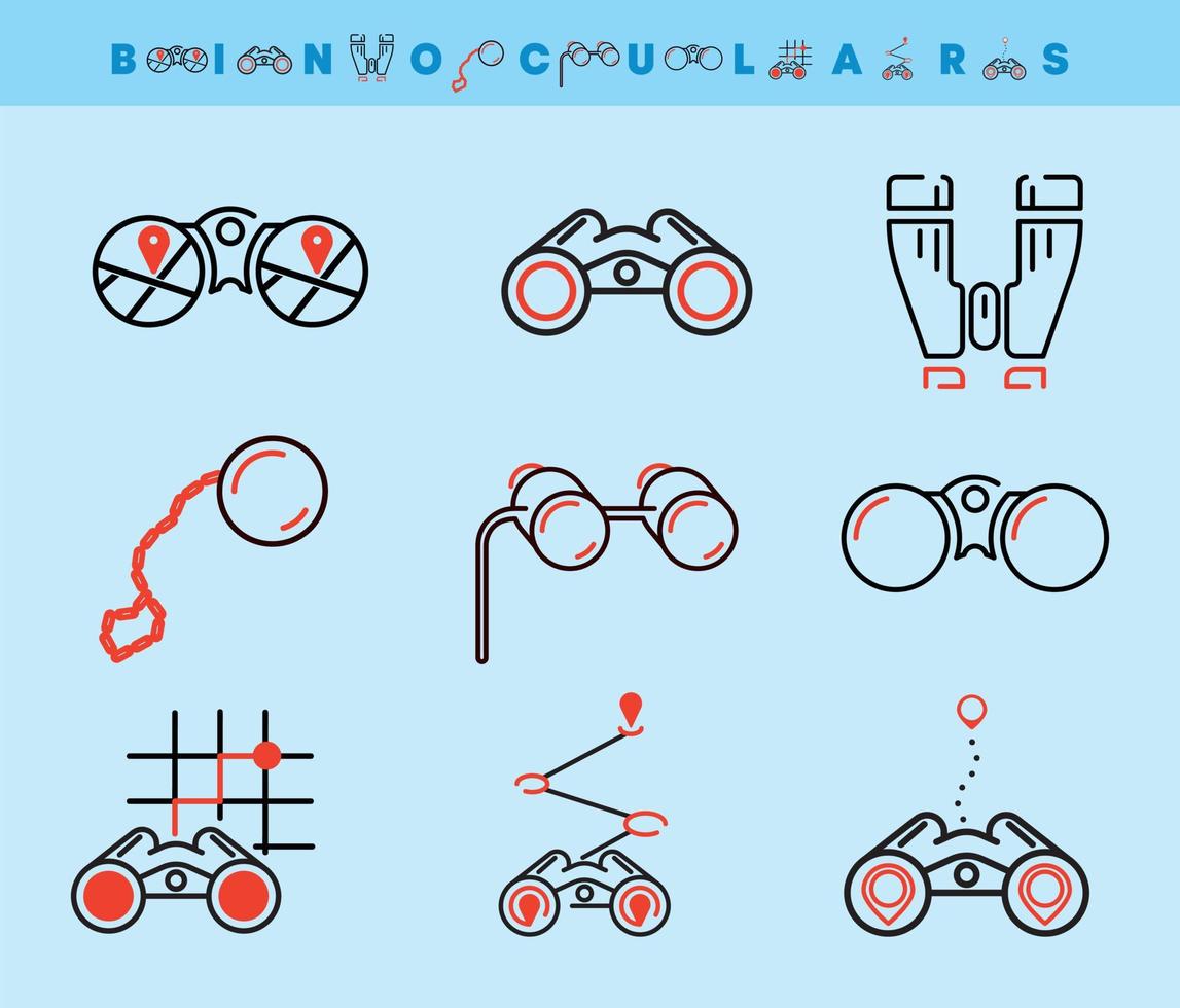 Binoculars and location line icons set. vector