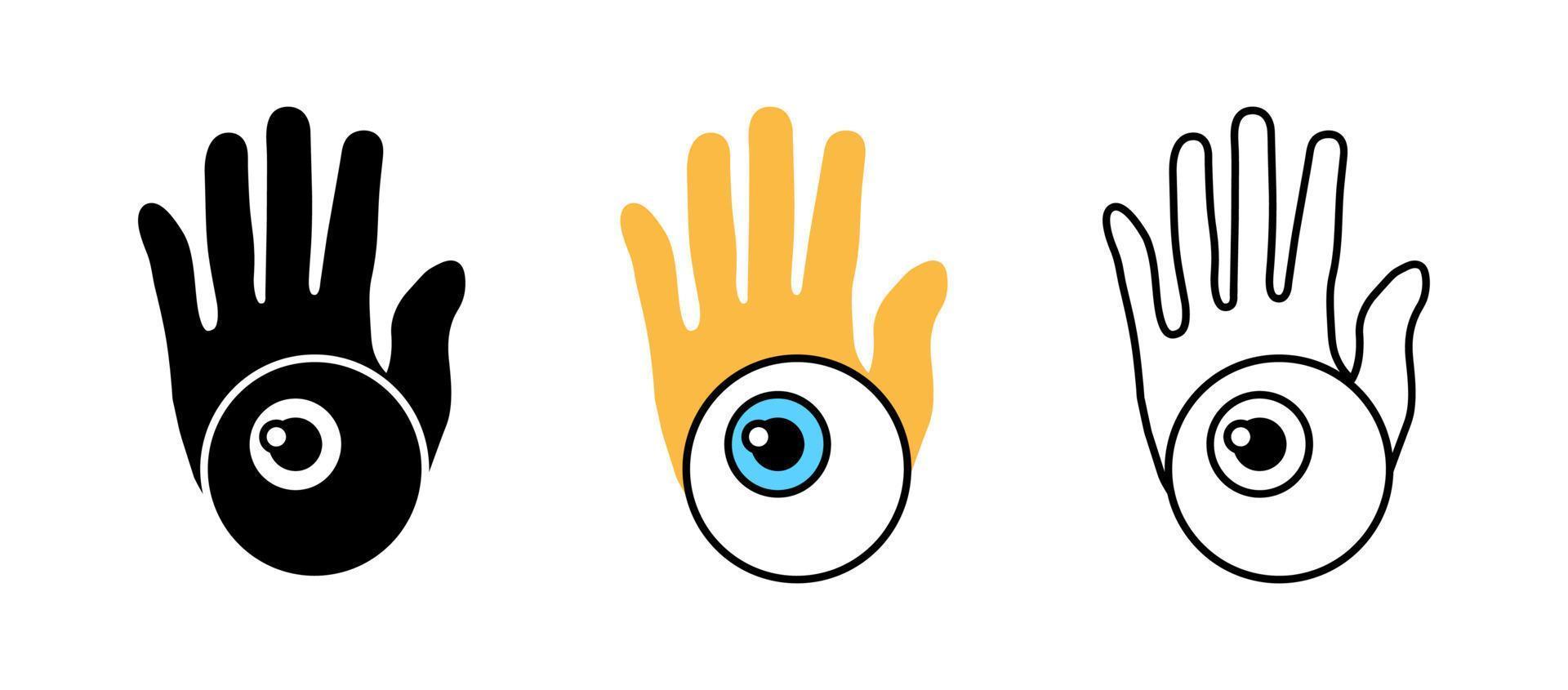 Human eye shape card in palm. Present palmistry shape sign vector icon set. Silhouette, colored, linear icon set. Logo-web, icon design element.