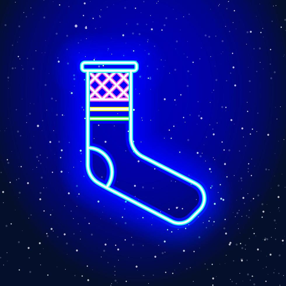 diseño de letreros de calcetín navideño con neón espacial. diseño lineal de calcetines modernos. signo de navidad galaxia. icono de neón único y realista. icono lineal sobre fondo azul. vector