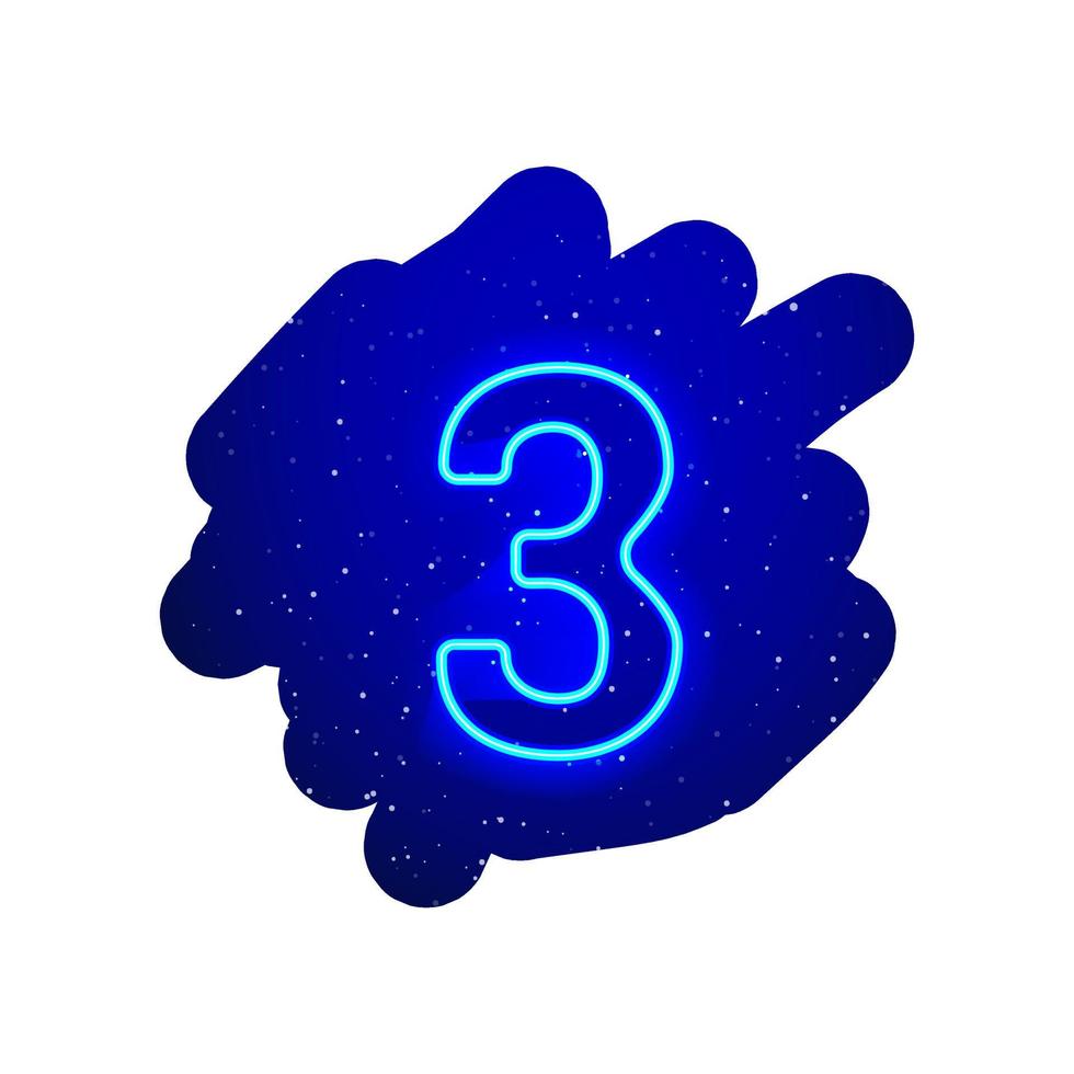 LED blue glow neon number type. Realistic neon explosion. Number 3 night show among the stars. Vector illustration of big numeral type. 3d Render Isolated On White Background.