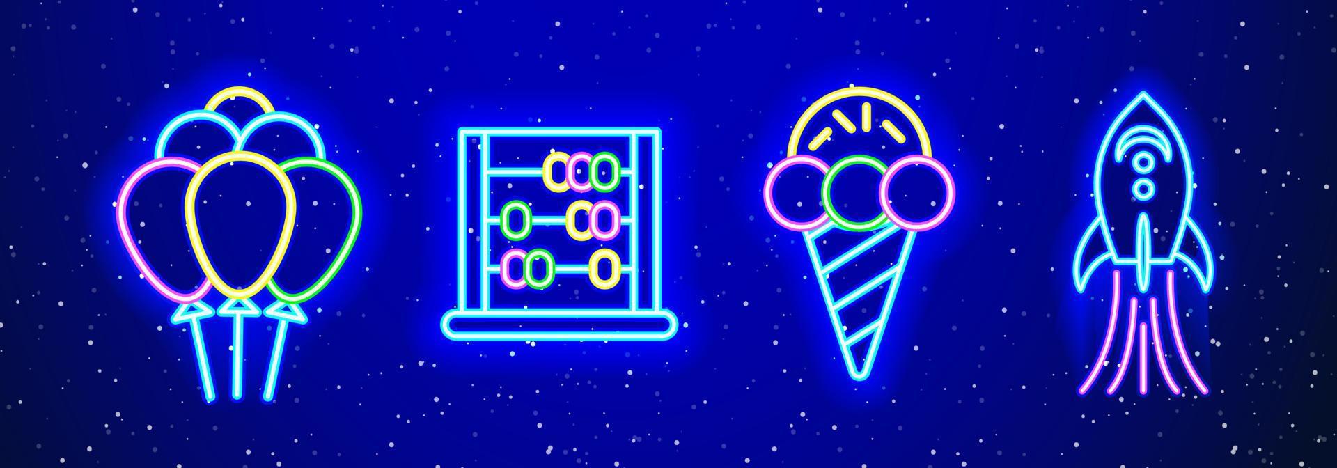 Neon balloon, ice cream, abacus and spacecraft linear kids set. Colorful game set. Blue, pink and yellow game design. Modern linear glow neon. vector