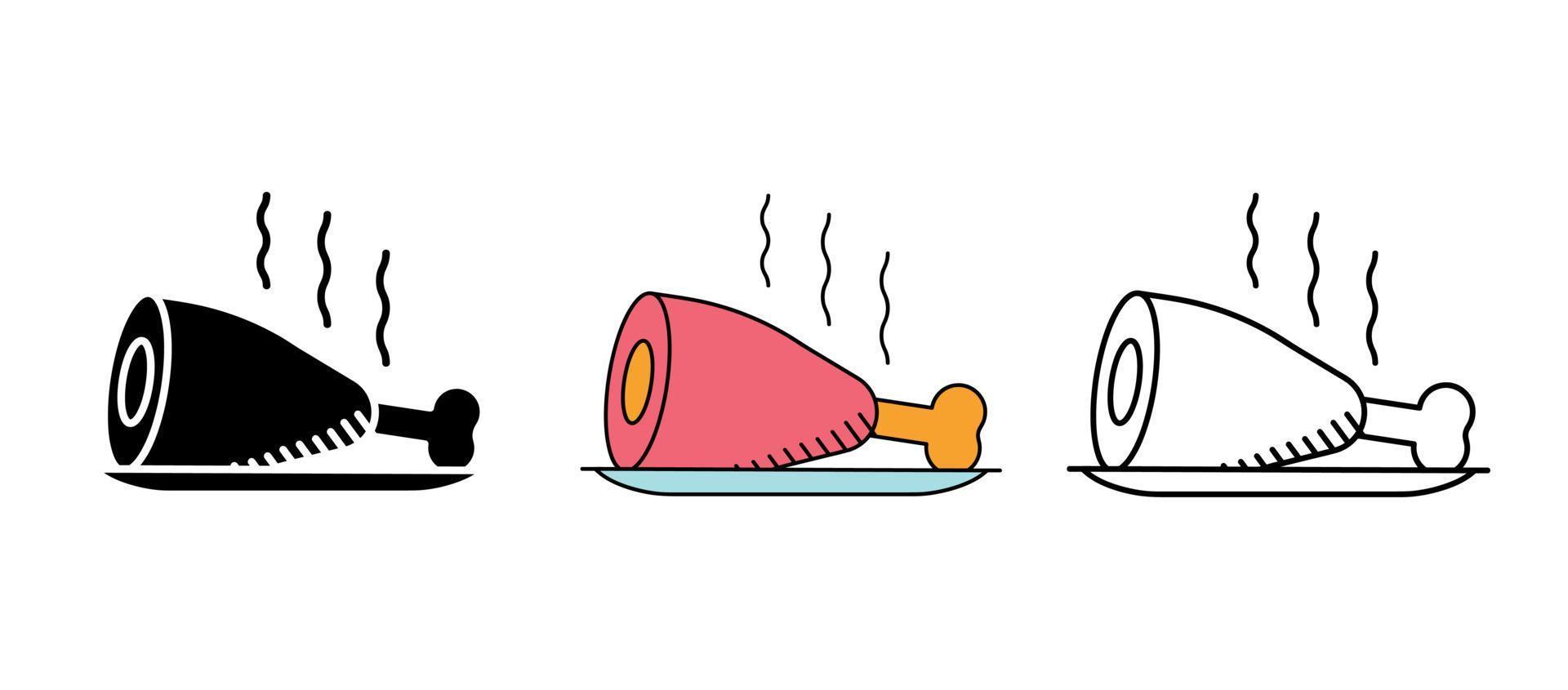 Meat icon on serving plate. Bone thigh meat icon set. Barbecue grill. To collect. These icons contain hot food icons. It is a set of colors, silhouettes and beautiful drawings. vector