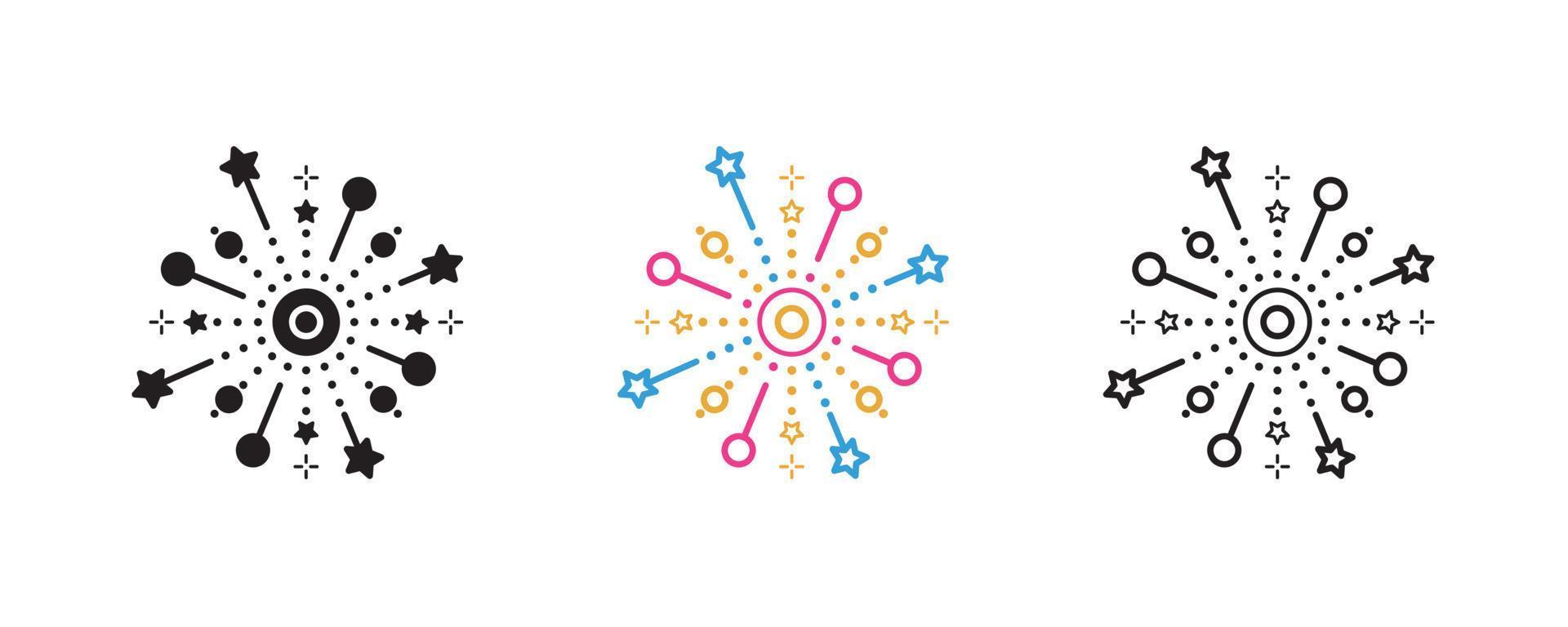 Festive fireworks icon set. Explosion carnival line icon. Festival and event icon set. Silhouette, colorful and linear set. vector