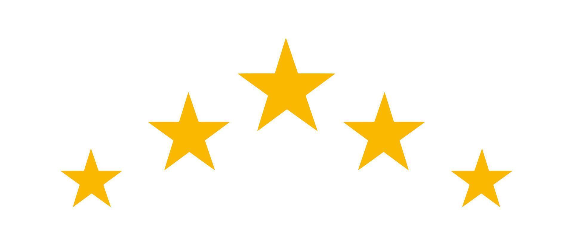 Five star rating icon. Balanced star drawing. Vector illustration. Superiority. Gold stars. Award icon on white background.