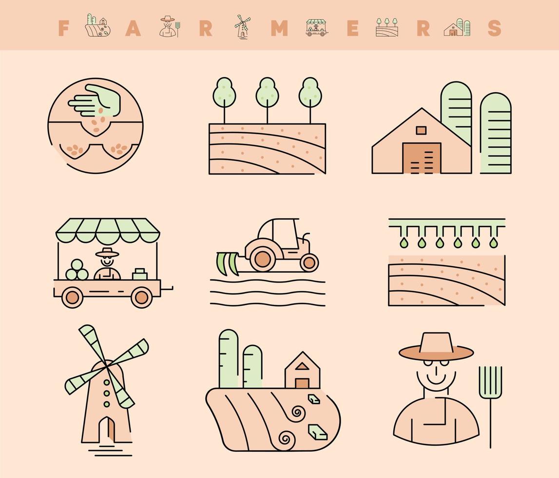 conjunto de iconos de línea agrícola y agrícola. conjunto de iconos de agricultura de colores. vector