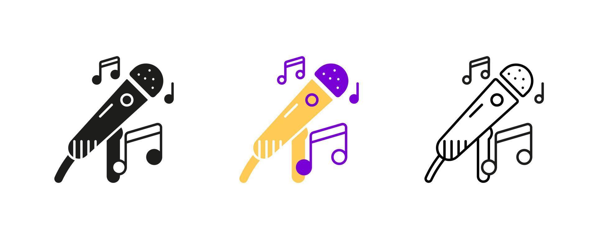 conjunto de iconos de micrófono y notas musicales. ícono de entretenimiento y música. conjunto de ilustraciones vectoriales de arte. conjunto de filas editable. silueta, color, conjunto de iconos lineales. vector