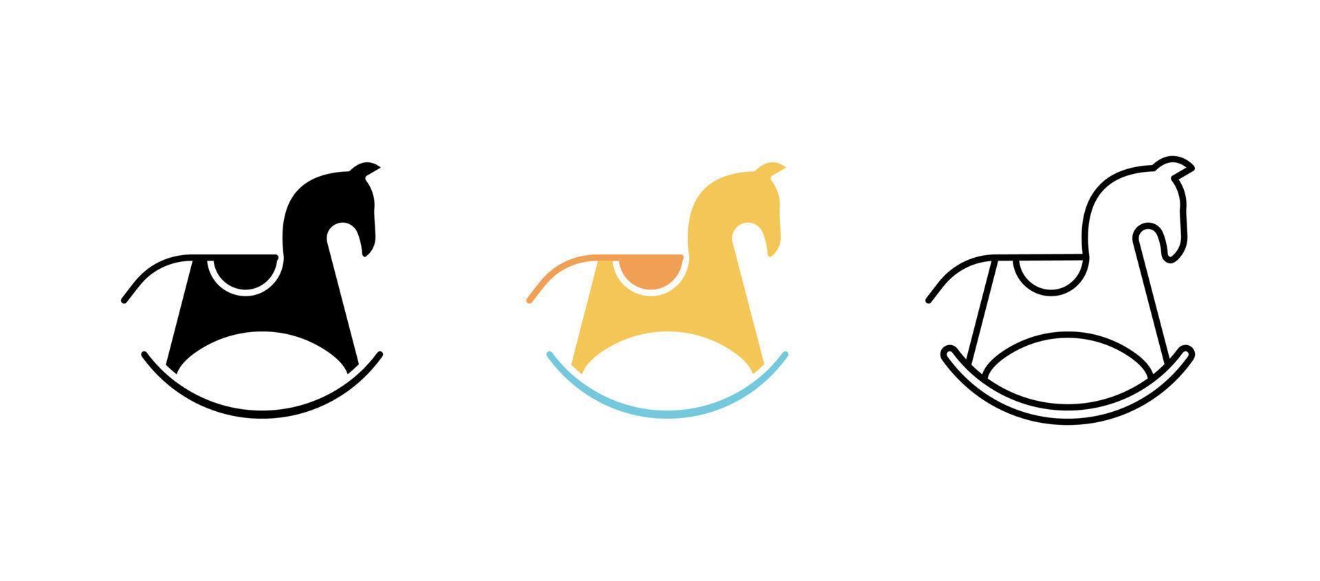 Rocking horse-donkey toy icon set. Fun and game icon. Child toy set. Editable row set. Silhouette, colored, linear icon set. vector