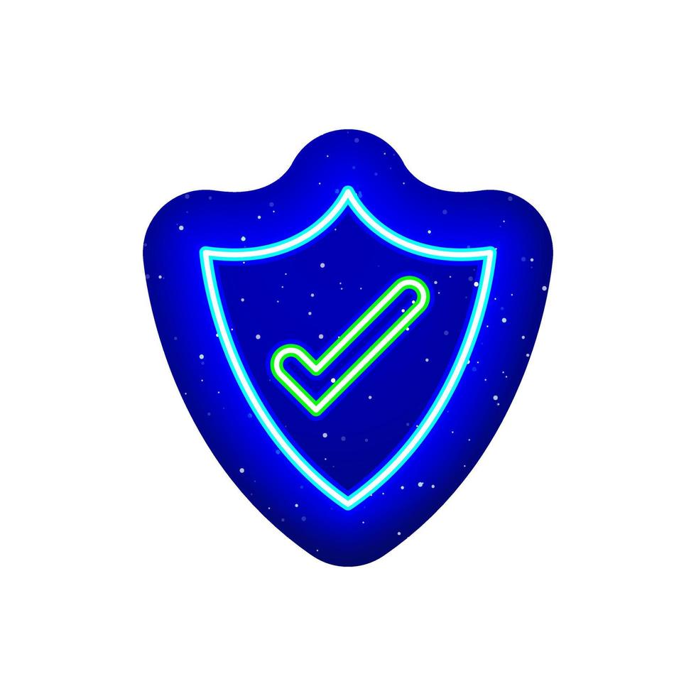 Neon blue security mark with a tick in the middle. Midnight blue. Firewall design with neon. Realistic neon icon. There is mask area on White Background. vector