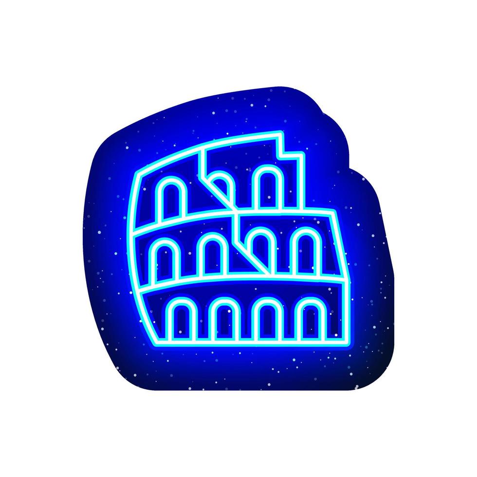 Blue neon roman colosseum building icon. Midnight blue. Neon roman architecture old arena design. Realistic neon icon. There is mask area on White Background. vector