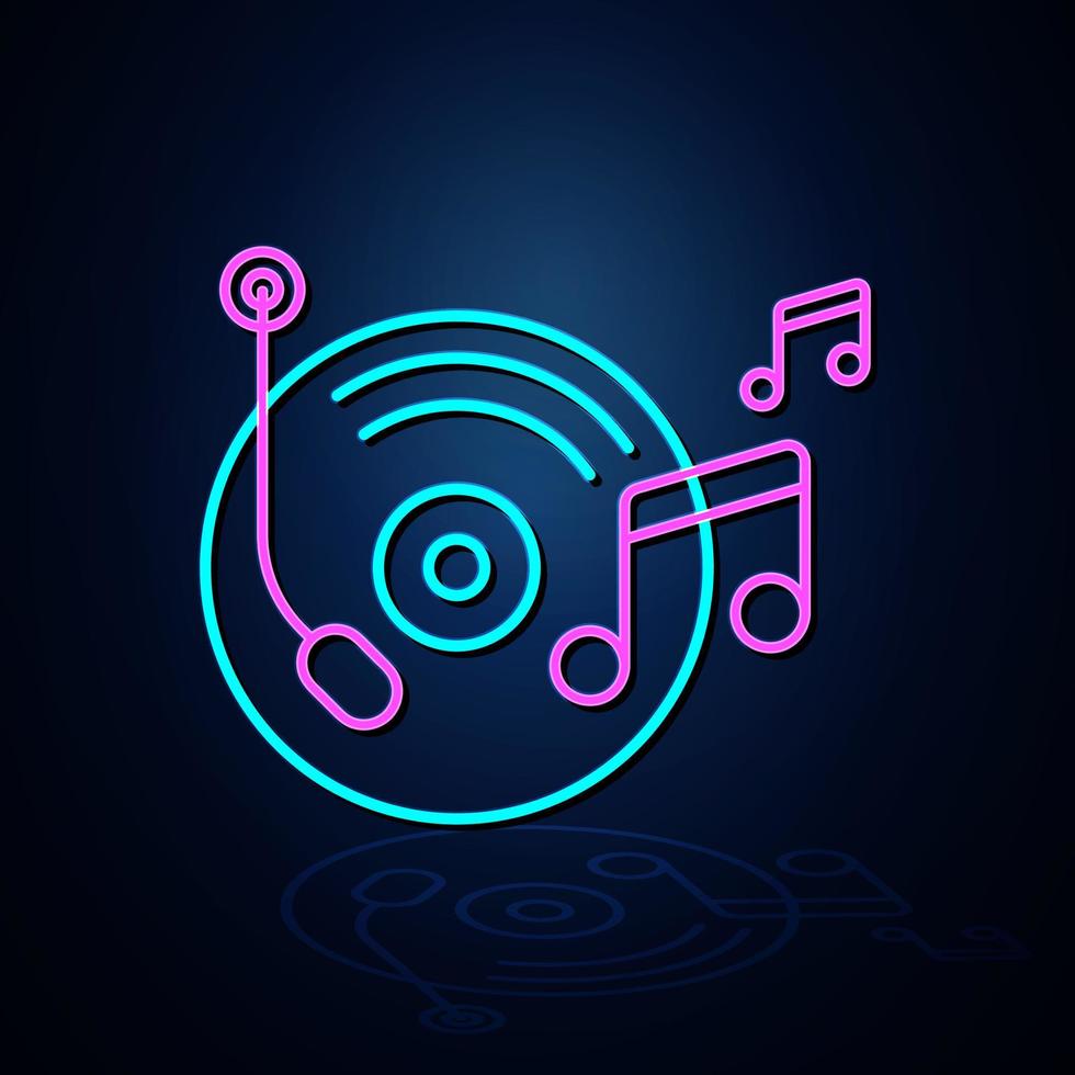 El gramófono y el ícono de la nota musical en color neón se ven claros. icono de línea de neón. ícono musical de entretenimiento y karaoke. icono de neón. vector