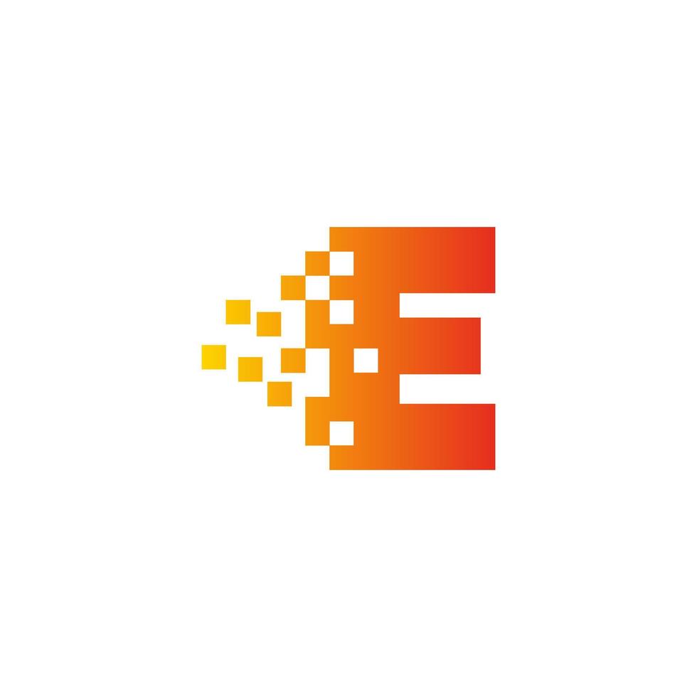 Colorful letter E fast pixel dot logo. Creative scattered technology icon. vector