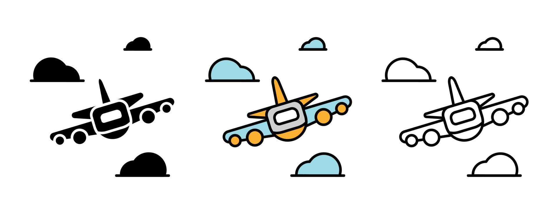 conjunto de iconos de avión. boceto de la parte delantera del avión entre las nubes. vector