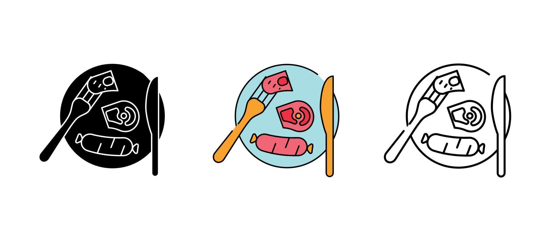 Cut meat and sausage icon on serving plate. Steak icon set. Barbecue grill. To collect. These icons contain hot food icons. It is a set of colors, silhouettes and beautiful drawings. vector