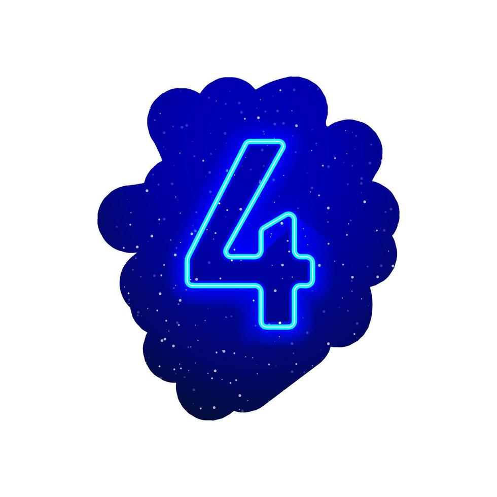LED blue glow neon number type. Realistic neon explosion. Number 4 night show among the stars. Vector illustration of big numeral type. 3d Render Isolated On White Background.