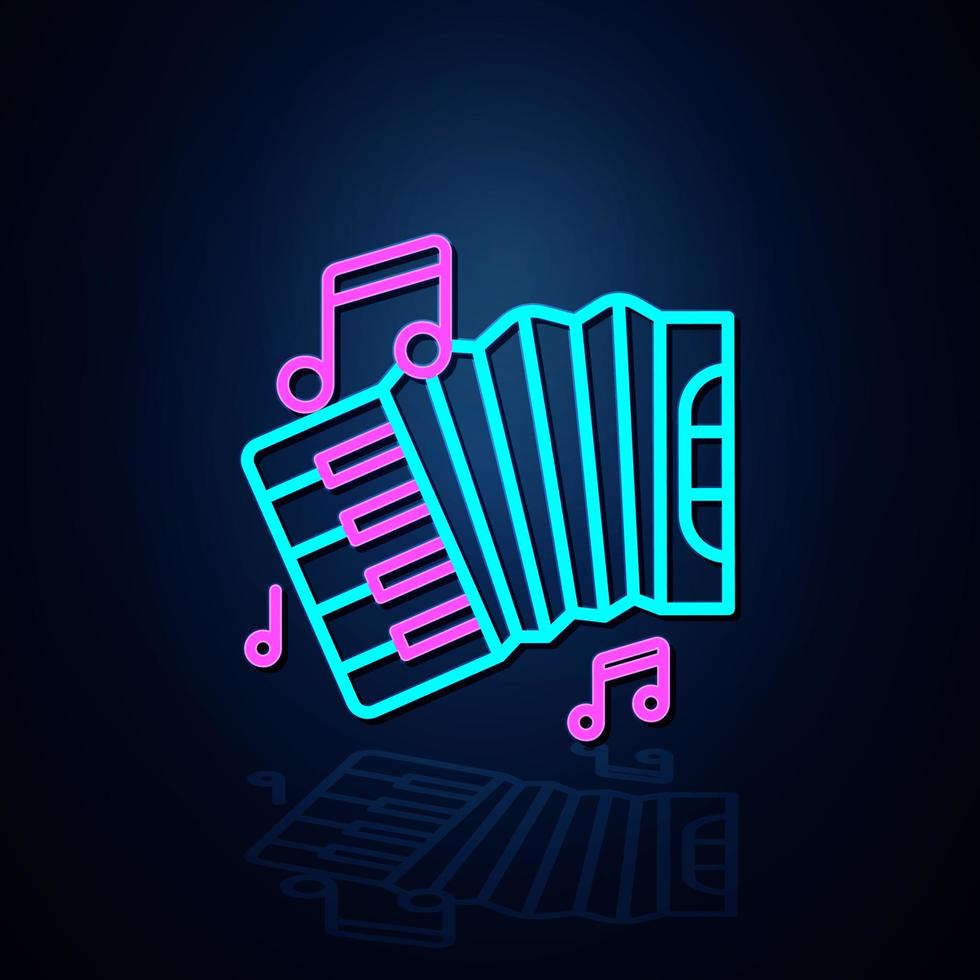 Neon accordion instrument and note icon on. Neon line icon. Entertainment and karaoke music icon. neon icon. vector