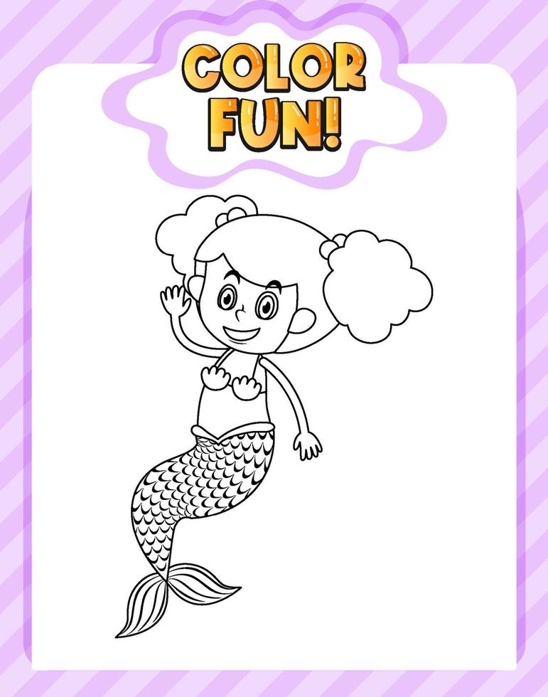 Worksheets template with color fun text and mermaid outline vector