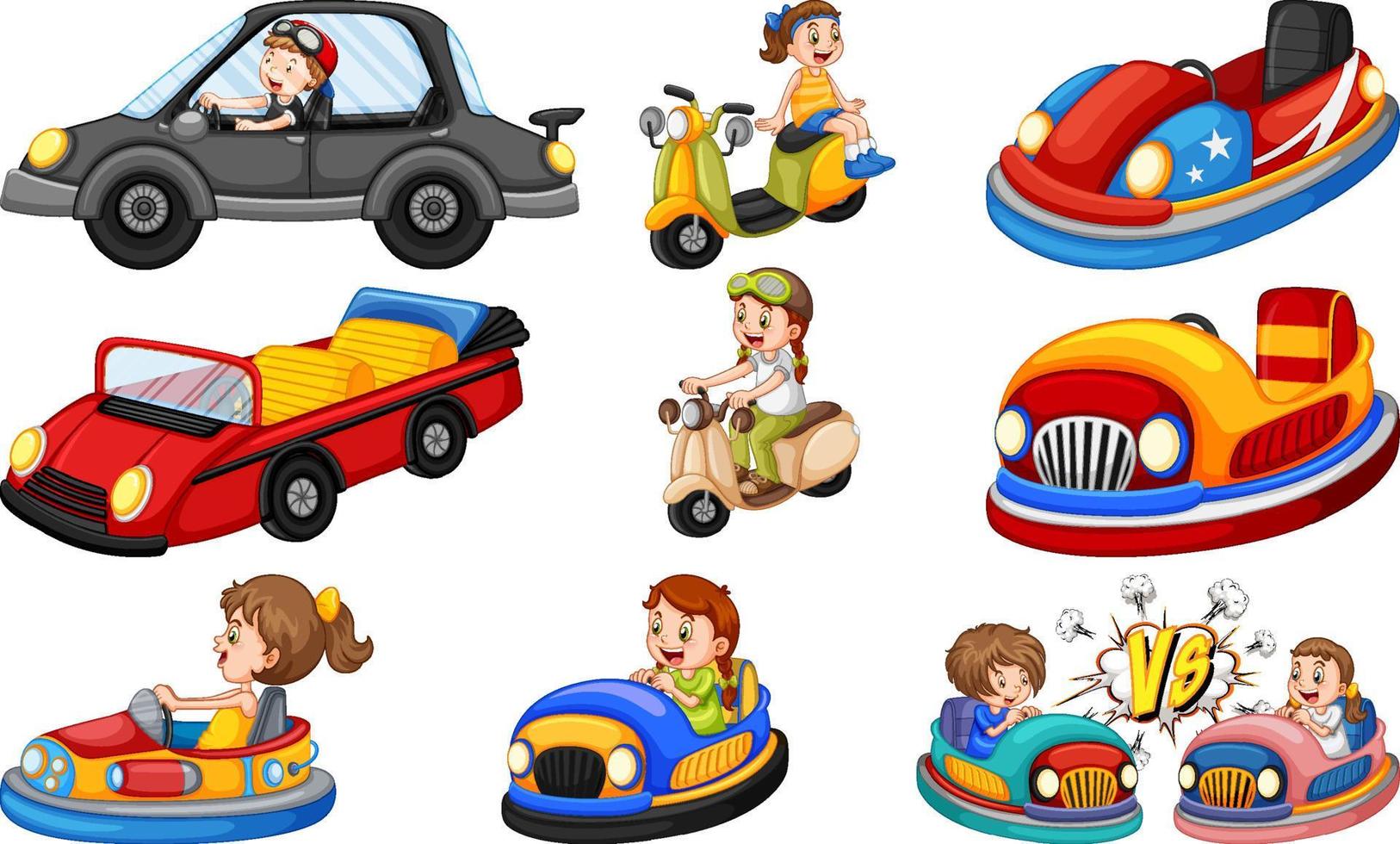 conjunto de niños montando go-kart vector