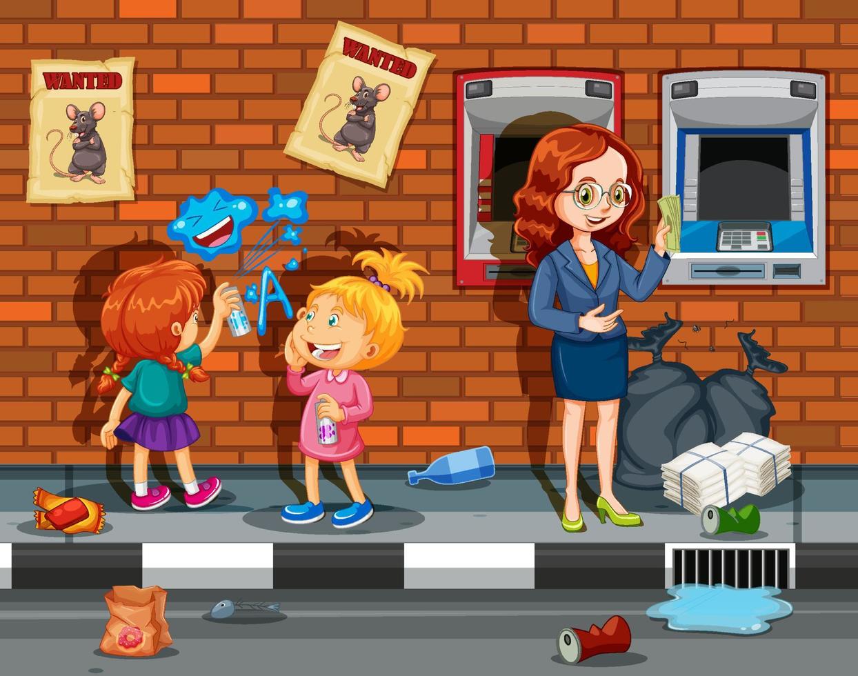 Garbage on street scene with people vector