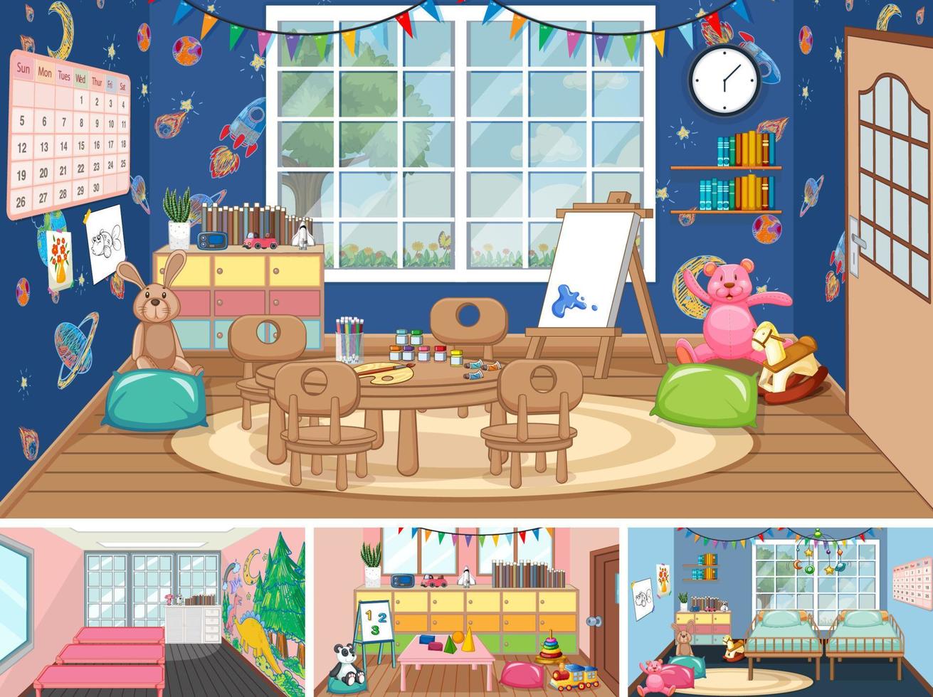 Set of different kindergarten classroom scenes vector