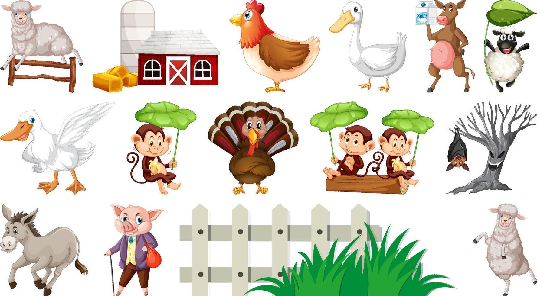 animales de granja y construcción de granero vector