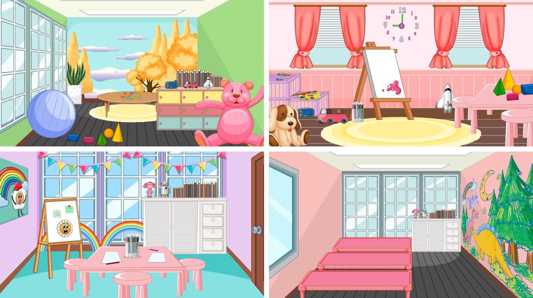 Set of different kindergarten classroom scenes vector
