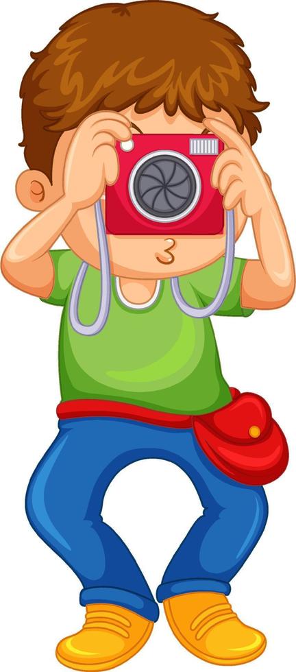 Boy holding camera taking picture vector