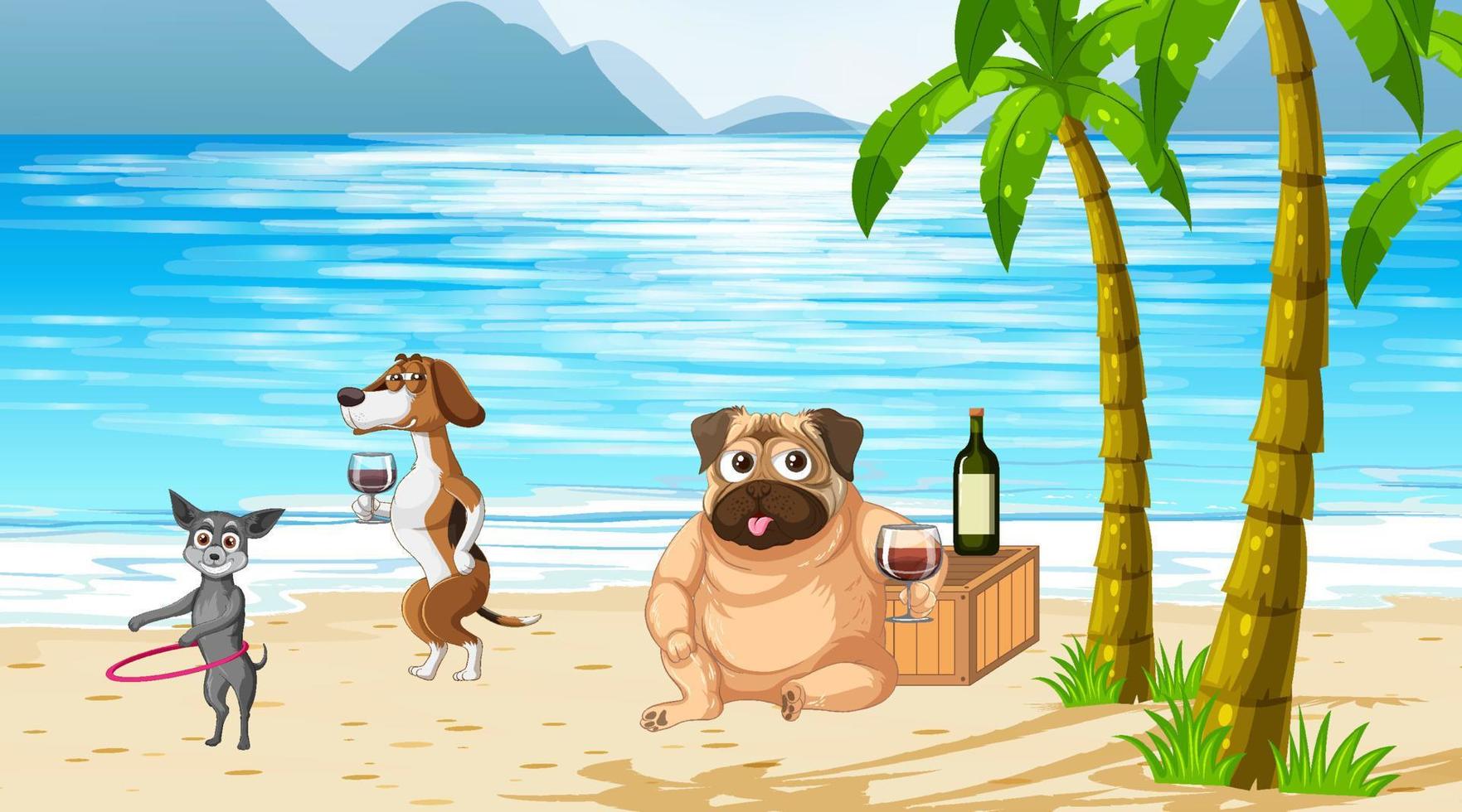 Outdoor beach scene with many dogs vector