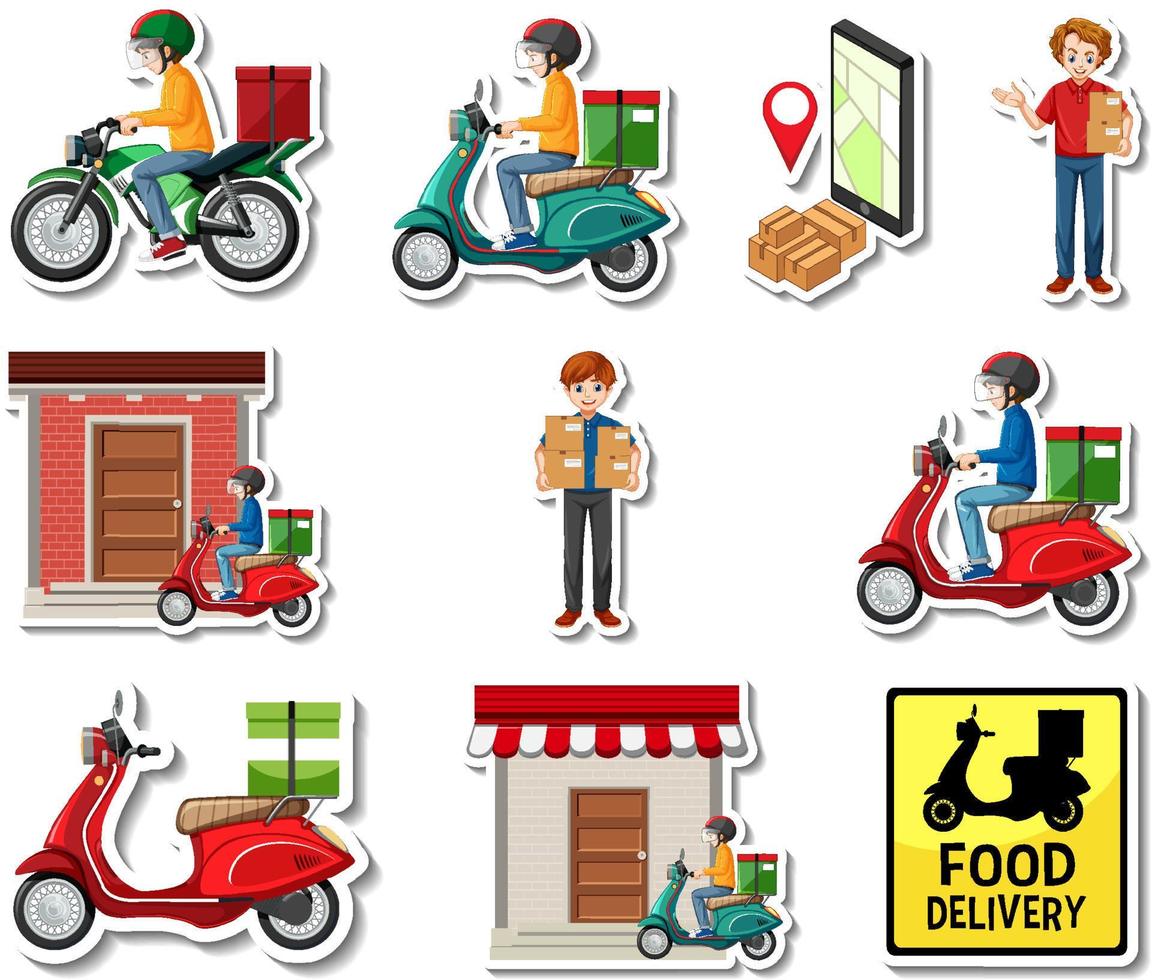 Sticker set of delivery objects and cartoon characters vector