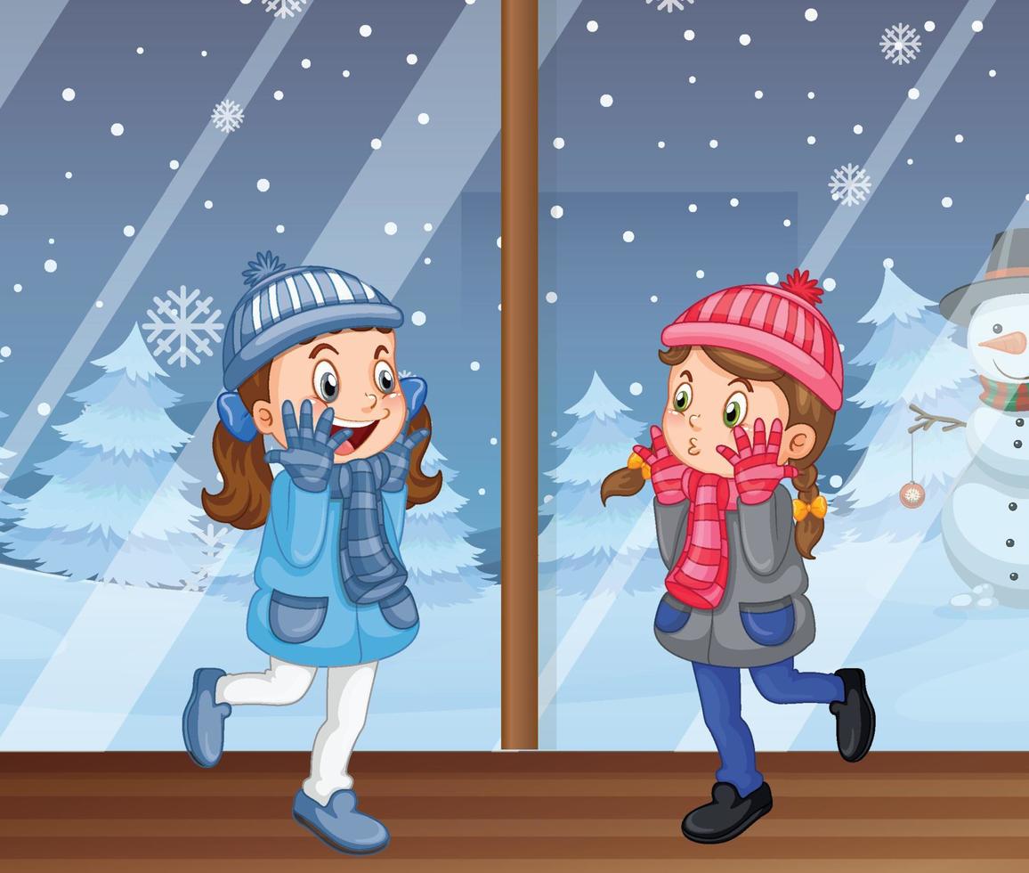 Two girls in winter clothes vector