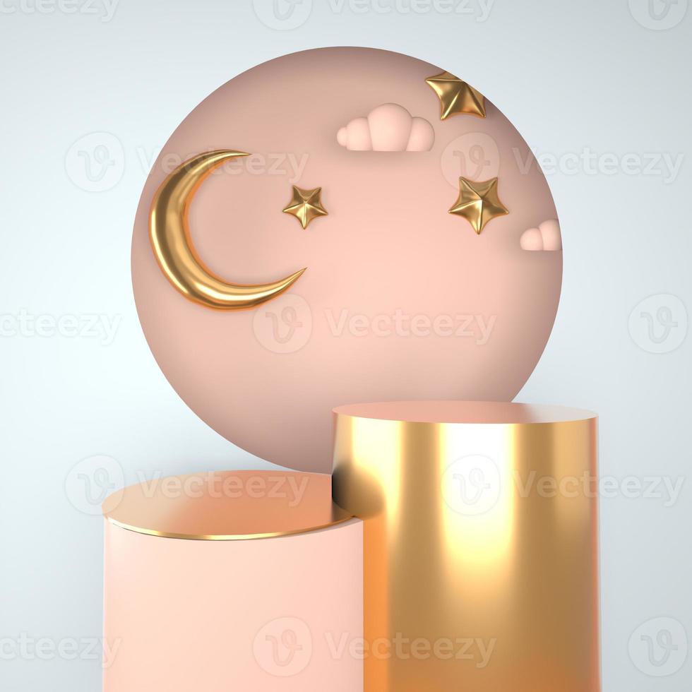 Ramadan Kareem greeting template with moon. Podium, stand on holiday light background for advertising products - 3d render illustration for cards, greetings. photo