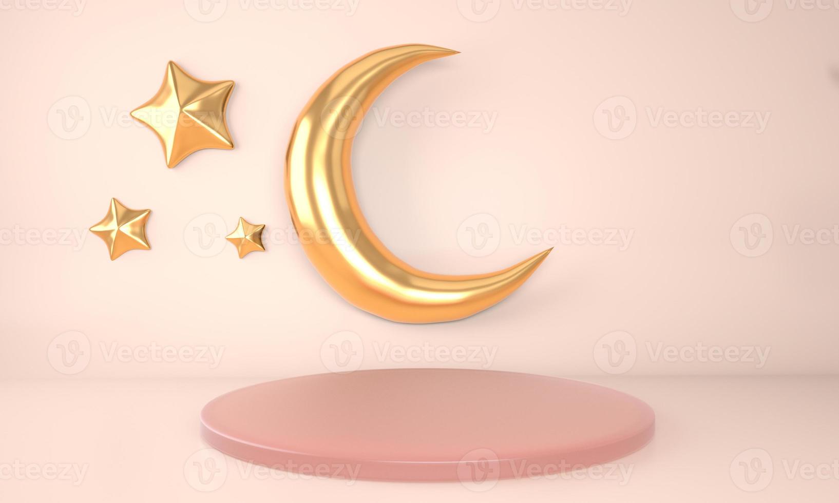 Ramadan Kareem greeting template with moon. Podium, stand on holiday light background for advertising products - 3d render illustration for cards, greetings. photo