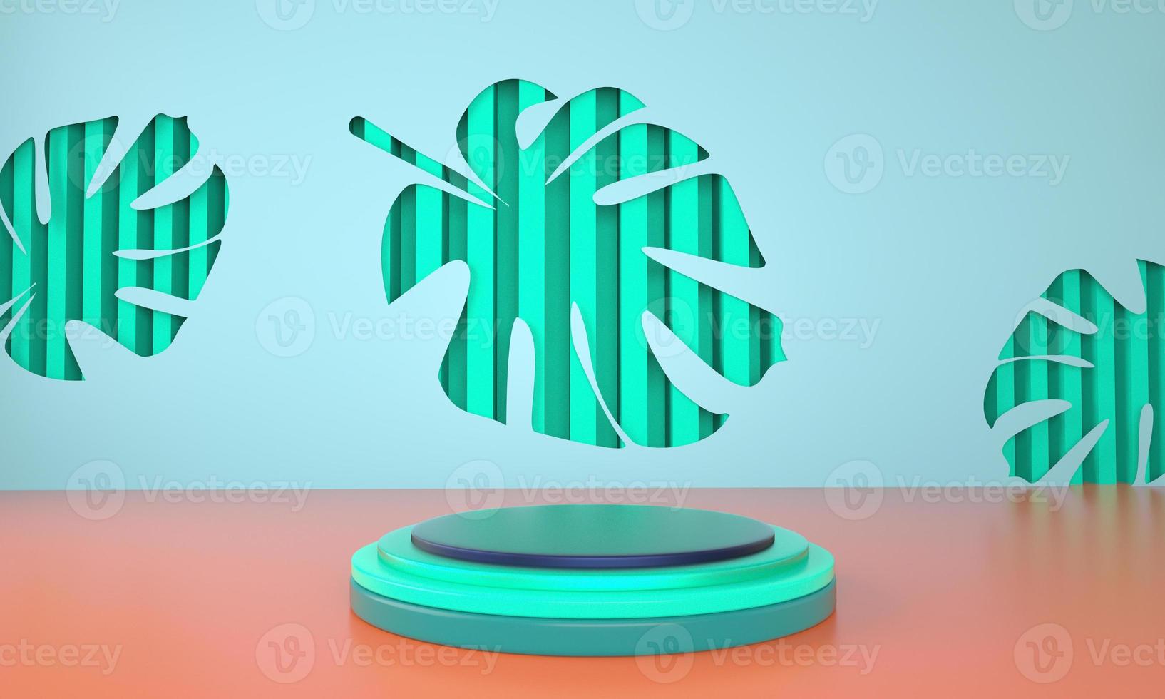 Mockup, podium, display with monstera leaves tropical plant background, 3d render photo