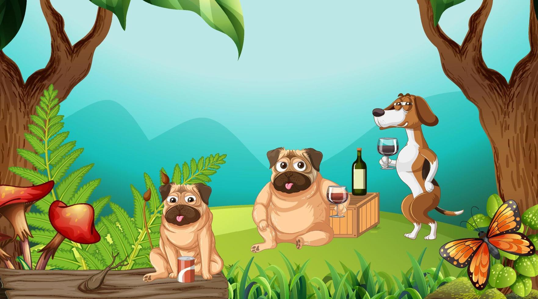 Outdoor park scene with many dogs and camels vector