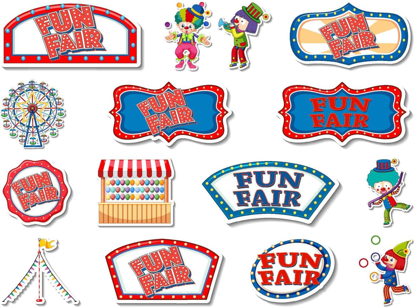 Sticker set of amusement park and fun fair objects vector