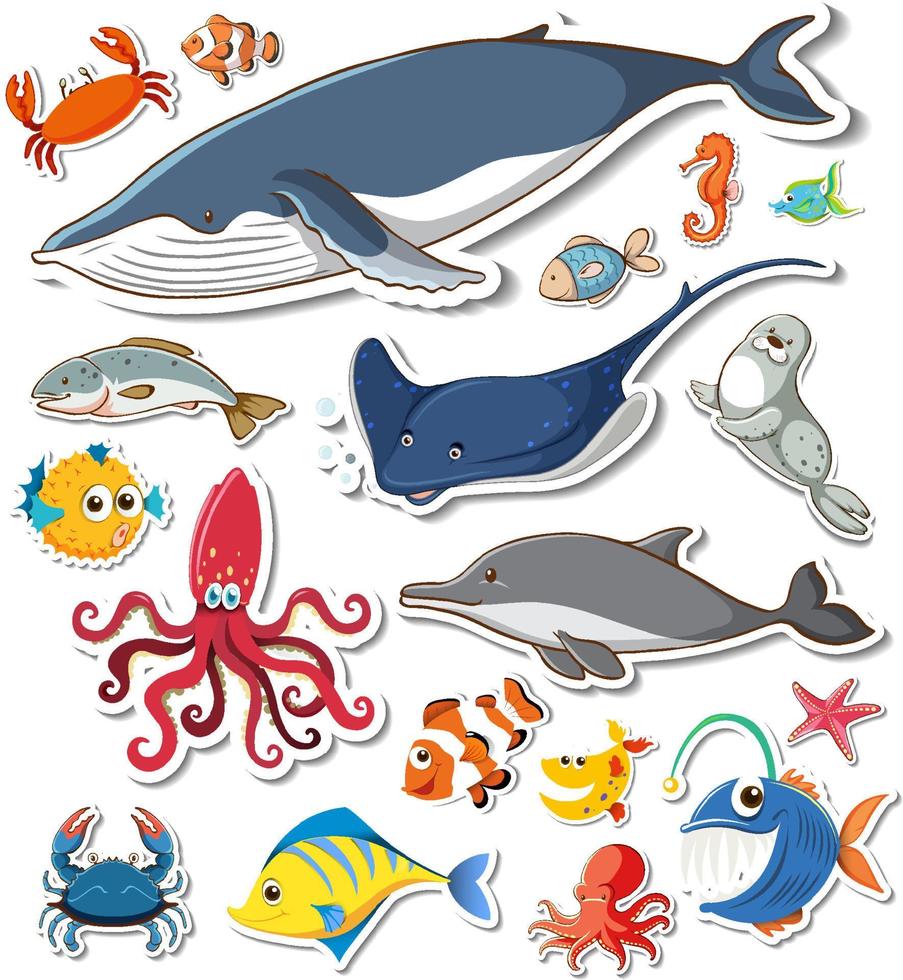 paquete de pegatinas de diferentes animales marinos vector