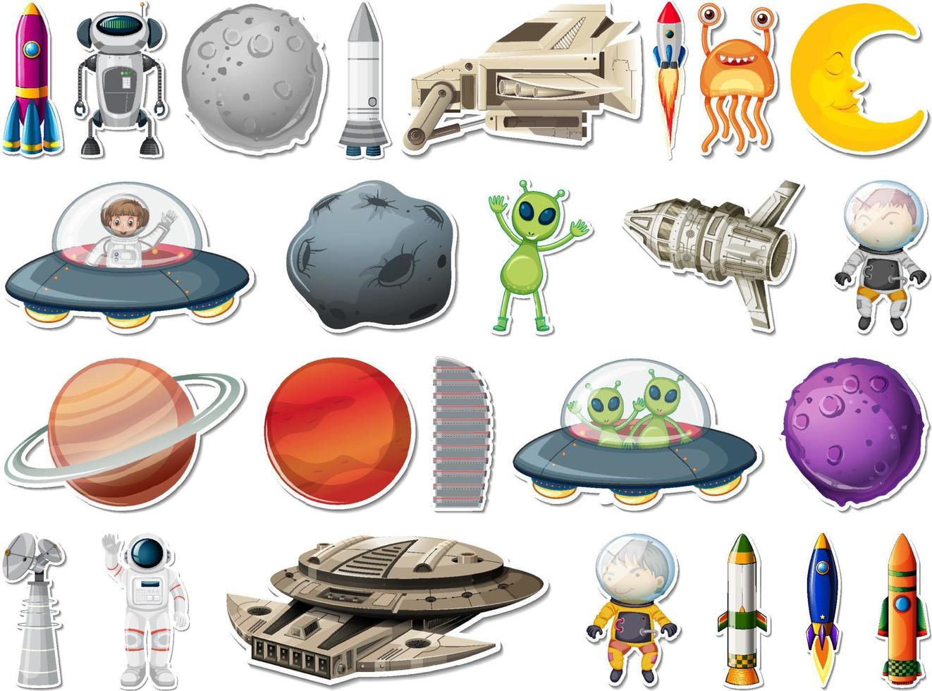 conjunto de pegatinas de objetos del espacio ultraterrestre y astronautas vector