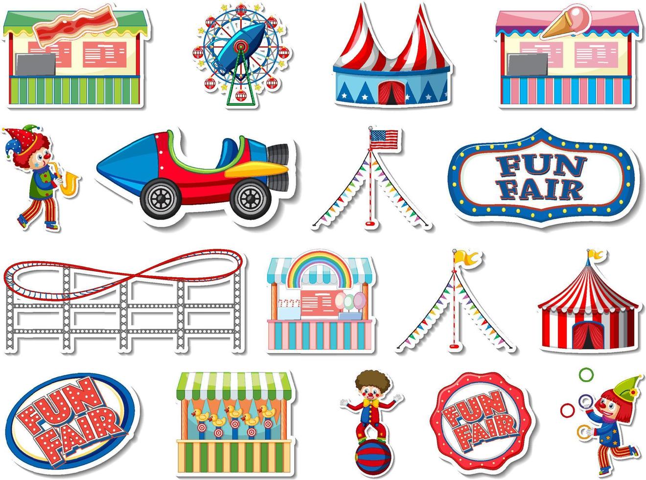 Sticker set of amusement park and fun fair objects vector