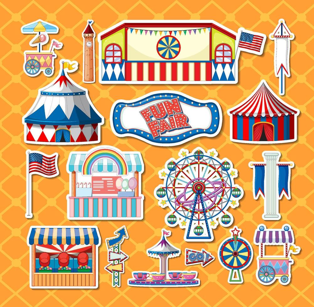 Sticker set of amusement park objects and cartoon characters vector