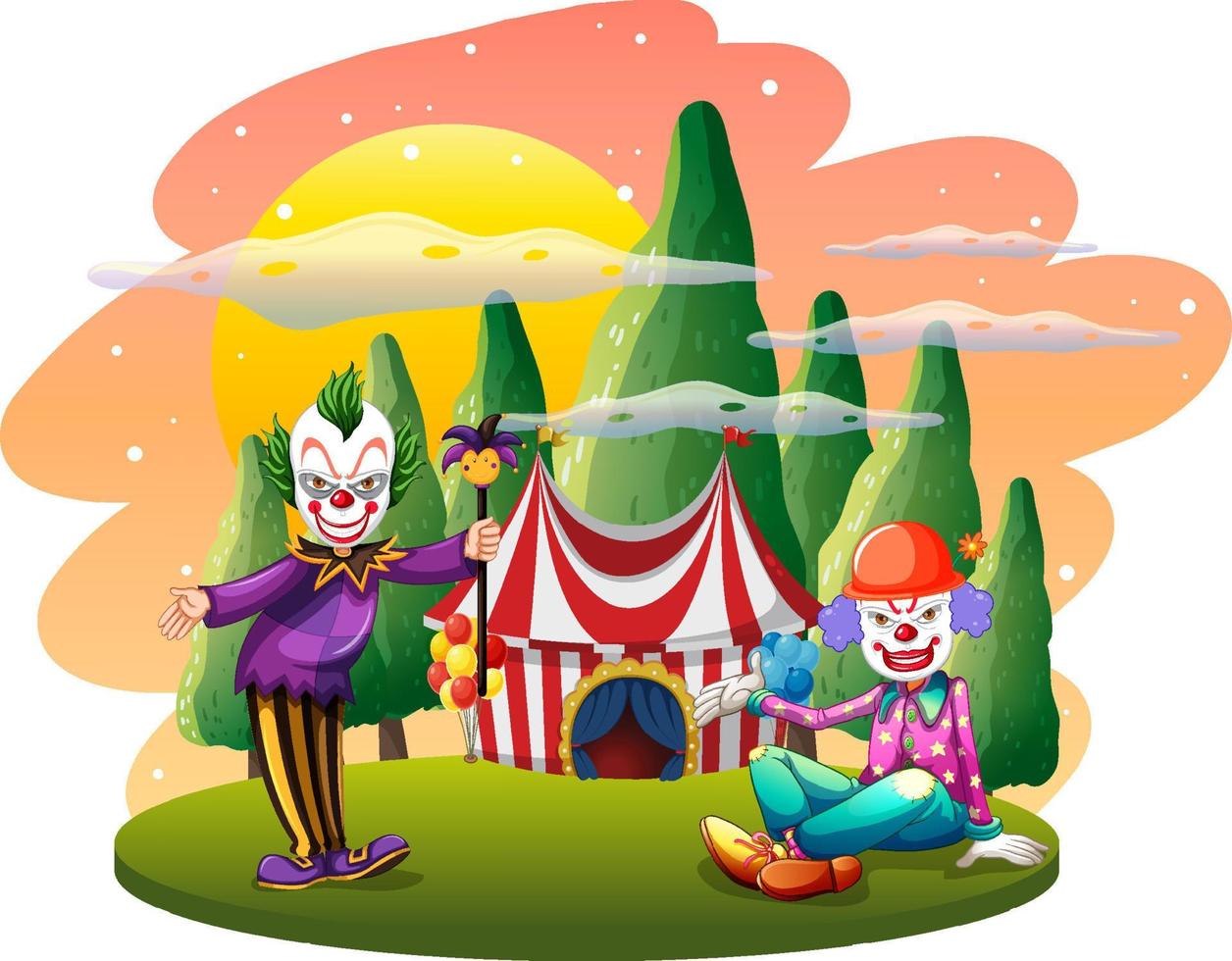 Isolated outdoor scene with clown cartoon characters vector